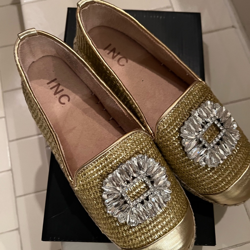 INC International Concepts Gold Loafers with Crystal Embellishment